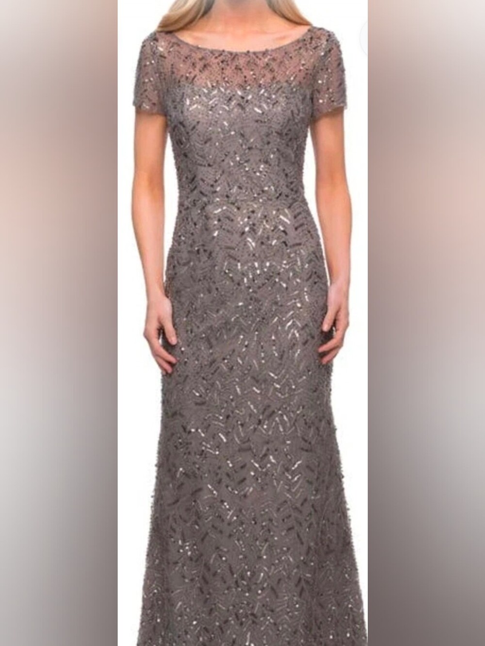 La Femme NWT Silver Gray Bead Embellished Short Sleeve Evening Gown Dress Size 8